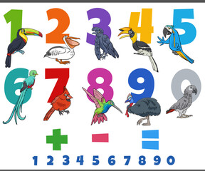 educational numbers set with cartoon birds animal character