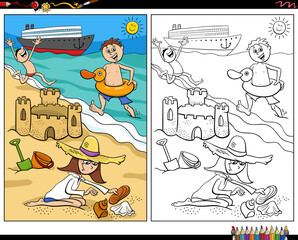 cartoon children spending vacation on the beach coloring page