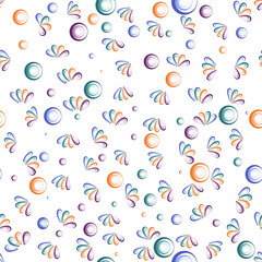 Fototapeta premium Patrón cuatro colores, naranja, verde, morado o violeta y azul con círculos concéntricos y formas de mejillones