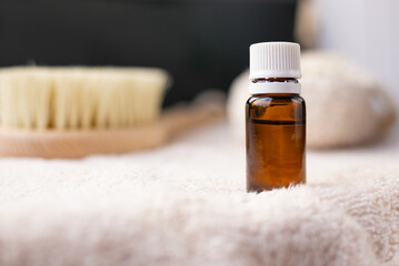 Eco cosmetology. Homemade relaxing aromatherapy emulsion. Essential oil  dark bottle . Beauty procedures products.