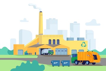 Waste factory building. Incineration and recycling of garbage process. Trash transportation and shipment. Environmental pollution. Rubbish utilization industrial plant. Vector concept