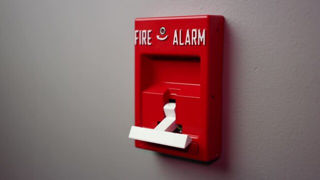 A closeup view activating a fire alarm wall switch in a commercial building. Shot at 60fps for optional slow motion use.  	