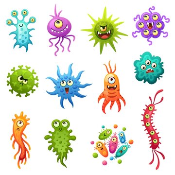 Cartoon viruses. Germs virus character, funny bacteria types. Sick or flu microbes, evil and cute colorful garish monsters. Isolated medical vector set