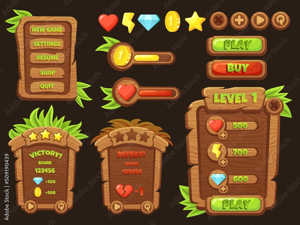 Poster ui game elements. wooden element for menu interface. cartoon buttons, mobile app panel kit. gaming d