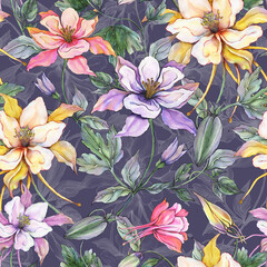 Beautiful exotic columbine flowers or aquilegia and leaves on gray background. Watercolor painting. Tropical seamless floral pattern. Design for fabric, wallpaper, bed linen - 509190480