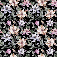 Beautiful exotic columbine flowers or aquilegia and leaves on black background. Watercolor painting. Tropical seamless floral pattern. Design for fabric, wallpaper, bed linen - 509190481