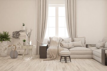 White living room with sofa. Scandinavian interior design. 3D illustration