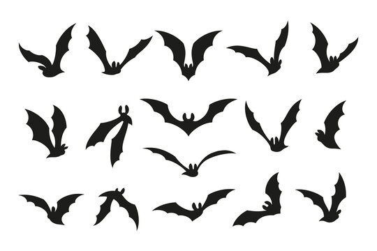 Flying bat silhouettes. Isolated black bats, graphic vampire symbols set. Gothic halloween swarm fly animals. Horror scary tidy decorative stencil for cut, vector bundle