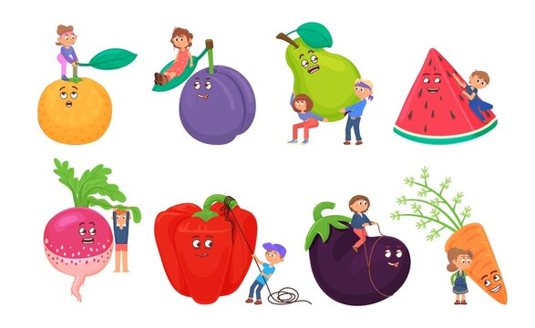 Kids and vegan food. Cartoon vegetables characters play with kids. Fresh healthy meal, veggies and nutrition. Cute child hold carrot, apple, decent vector set