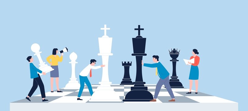 Chess game. Business strategic of leadership, management attack plan. People with figures on board, company work relationship. Competition recent vector metaphor