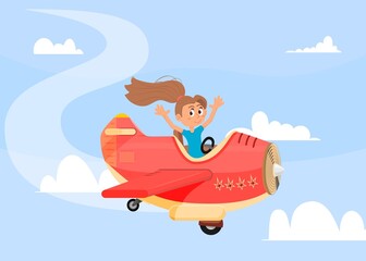 Cartoon child in airplane. Kid pilot, little happy aviator flying in sky. Cute fly on aircraft, funny girl drive transport. Summer trip or baby adventures decent vector