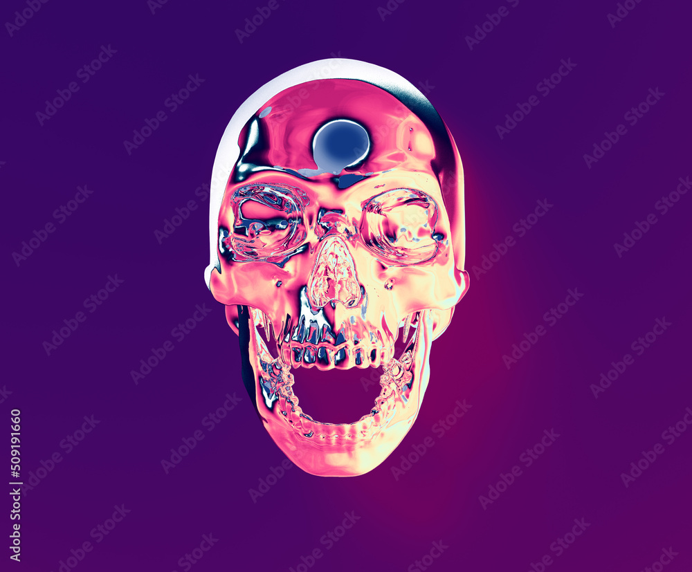 Poster digital illustration from 3d rendering of front view shiny screaming skull in synthwave vibrant colo