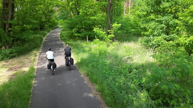 Two cyclists riding their bicycles through a green forest