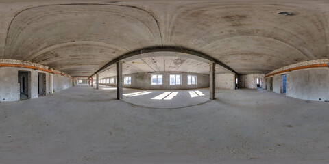 full seamless spherical hdri panorama 360 degrees in abandoned interior of large empty room as warehouse, hangar or gallary with windows and columns in equirectangular projection. VR AR concept