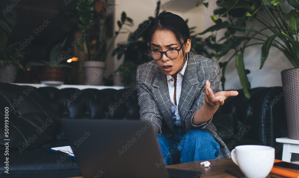 Poster unhappy female it professional in optical spectacles for provide vision correction reading received 
