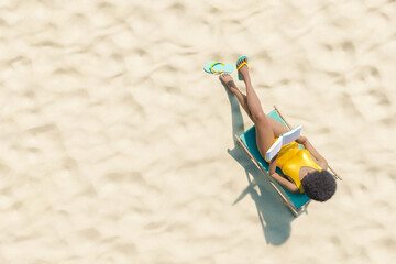 Black lady reading novel on deckchair on sandy seacoast
