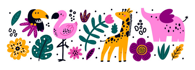 Little jungle baby animals and birds in cartoon style. Flamingo, giraffe, elephant, toucan, exotic flowers, plants, leaves. Childish illustration print with cute wild animals. Nature collection  