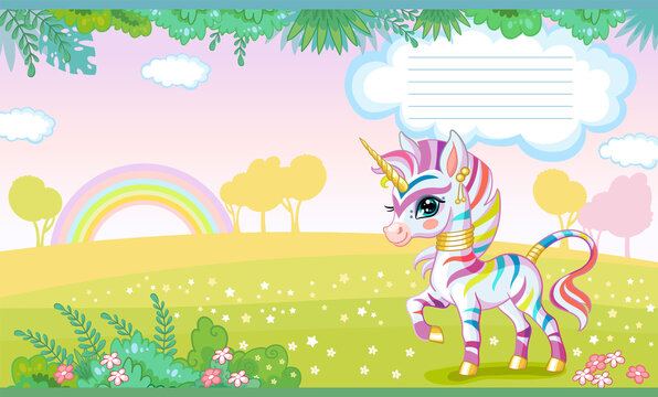 Cover for notebook with cute zebra unicorn vector