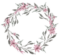 Watercolor tropical wreath clipart. Composition with tropical leaves,pink  flowers on white background. Can be used for greeting cards, wedding invitations, textile, fabric, poster, print, pattern.