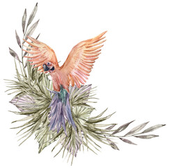 Obraz premium Watercolor tropical clipart. Composition with tropical leaves, parrot, flowers on white background. Can be used for greeting cards, wedding invitations, textile, fabric, poster, print, pattern.