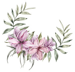 Watercolor tropical clipart. Composition with tropical leaves, pink flowers on white background. Can be used for greeting cards, wedding invitations, textile, fabric, poster, print, pattern.