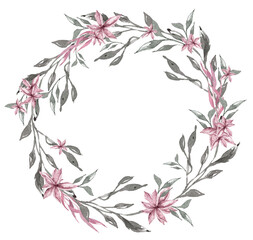 Fototapeta na wymiar Watercolor tropical clipart. Composition with tropical leaves, pink flowers on white background. Can be used for greeting cards, wedding invitations, textile, fabric, poster, print, pattern.