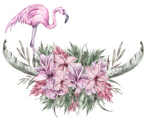 Watercolor tropical clipart. Composition with tropical leaves, parrot, flowers on white background. Can be used for greeting cards, wedding invitations, textile, fabric, poster, print, pattern.