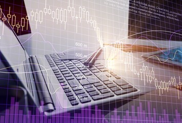 Businessmen work with stock market investments using gadgets to analyze trading data. Financial...
