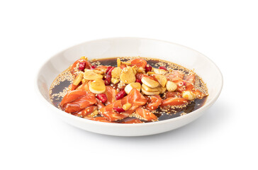 Salmon marinated shoyu or salmon pickled soy sauce in Korean style isolated on white background...