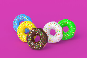 Glazed donuts on pink background. Homemade bakery. Break time. Sweet dessert. Fast food. 3d render