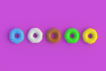 Row of donuts on violet background. Homemade bakery. Break time. Sweet dessert. Fast food. Top view. 3d render