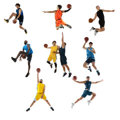 Collage made of images of professional basketball players in sports uniform with ball in motion, action isolated on white studio background. Motion, action, sport concept