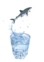 requin blanc , poisson, sauter, évasion, eau, en verre, boire, clapoter, liquide, isolé, froid, boisson, glace, blanc, bouillonner, frais, abattre, bleu, éclaboussure, clair, sain, verser, transparent