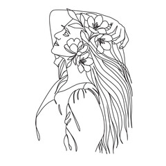 Abstract head with long eyelashes and flowers line vector drawing. Fine One Line Vector Art Drawing, Modern GalleryWall, Abstract Wall Art Print Set, Woman Silhouette Botanical theme for print
