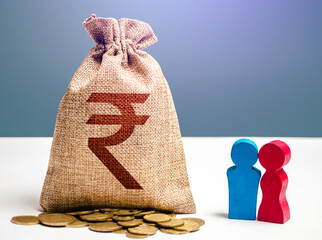 Couple figurines and indian rupee money bag. Budget. Social research, consumer preferences....