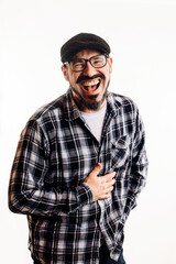 Caucasian man laughing isolated on white background. Hipster letting out a laugh