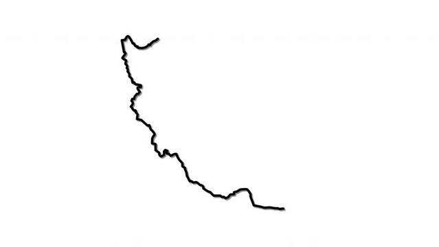 Iran map, country territory outline self drawing animation. Line art. White background.