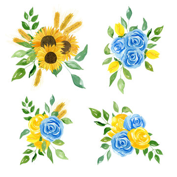 Watercolor bouquets with yellow and blue roses, sunflowers and spikelets of wheat. Ukrainian colors.