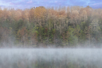 Naklejka na ściany i meble Foggy spring landscape at dawn of Moccasin Lake with mirrored reflections in calm water, Hiawatha National Forest, Michigan's Upper Peninsula, USA