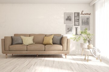 White living room with sofa. Scandinavian interior design. 3D illustration