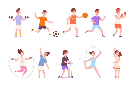 Kid physical exercise. Children sport preparing, active sports movement funny sporting toddler, playing football, gymnastics gym dance fitness