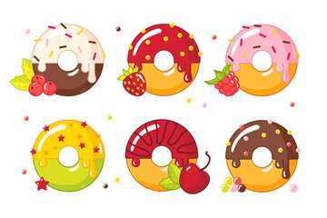 Donuts, a set with different flavors, strawberry, chocolate, frosting, jam, vector illustration, painted food yummy desserts on a white background.