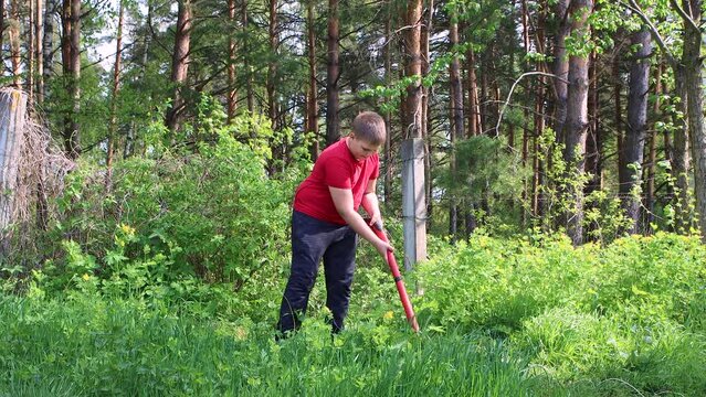 A young boy mows green grass with an electric trimmer. The concept of caring for the territory of the house, garden plot, lawn. A man cuts weeds with a lawn mower. Warm soft light. UHD 4K.