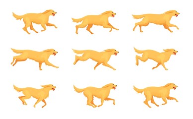 Retriever running animation. Cartoon dog run, motion sequence step 2d character pet, animals doggy poses in movement, running and jumping puppy, exact isolated vector illustration