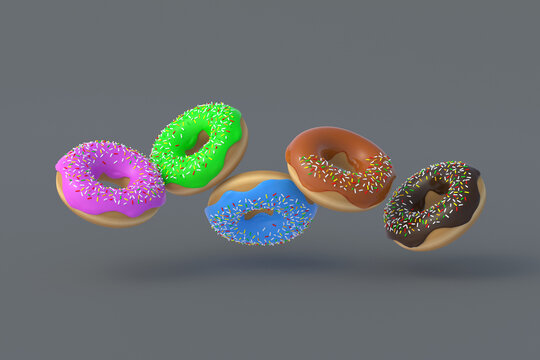 Levitating donuts on gray background. 3d render
