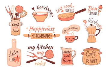 Kitchen tools letters. Cook elements typography quote lettering, rules home preparation food, funny apron cooking, chef label or stamp hand drawn