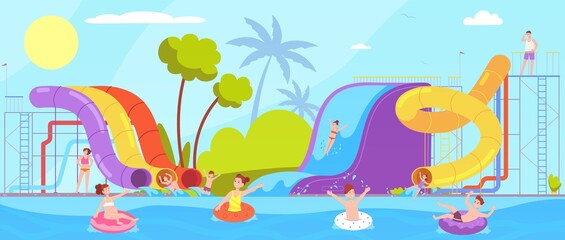 People vacation in aquapark. Family summer chill aquapark or swim hotel pool party, parents child entertainment sea extreme waterpark slide attraction, splendid vector illustration