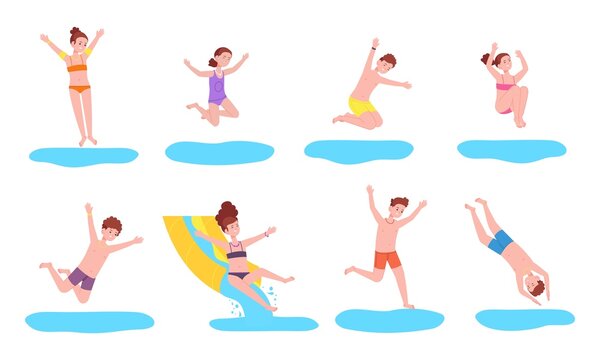 Kids jump in water. Happy children jumping splash pool, swimming play diving sea bath action child sun fun party boy girl splashing jumps little divers splendid vector illustration