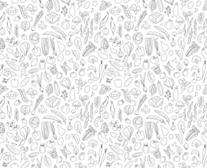 Seamless background pattern of organic farm fresh fruits and vegetables