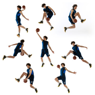 Development of movements. Collage made of images of professional basketball player in sports uniform with ball in motion, action isolated on white studio background.